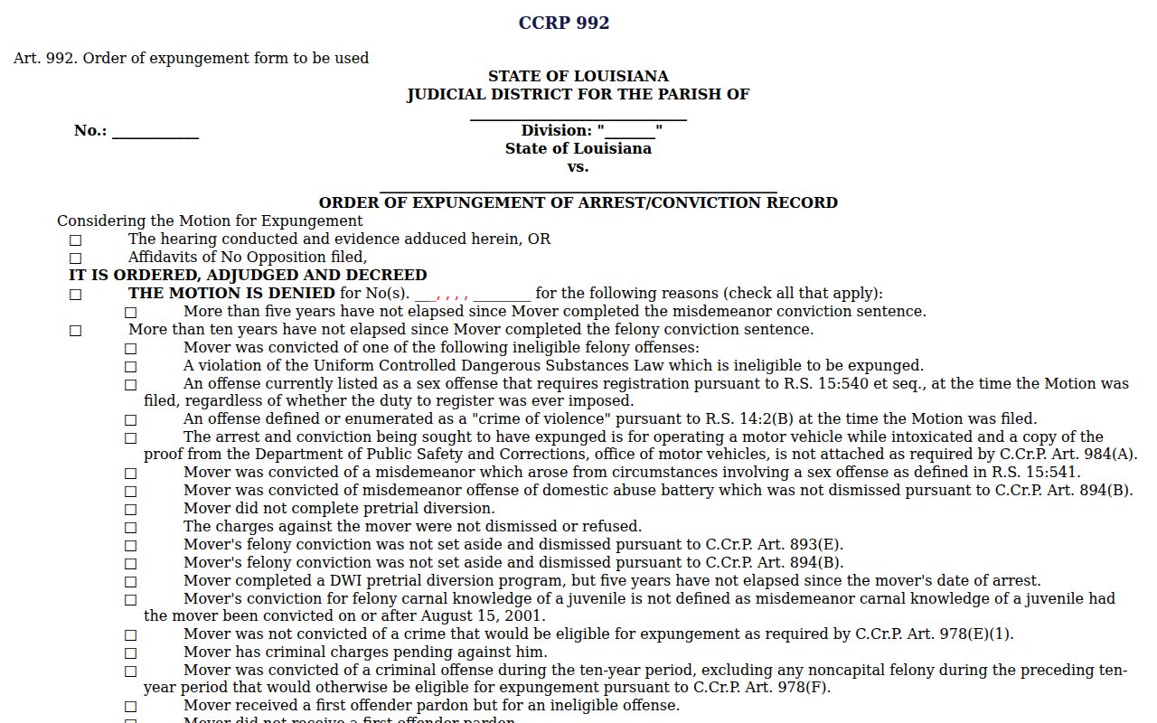 Amite criminal records uniform Louisiana expungement order