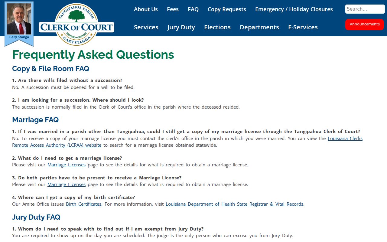 Tangipahoa Parish criminal court case fees and Clerk FAQ