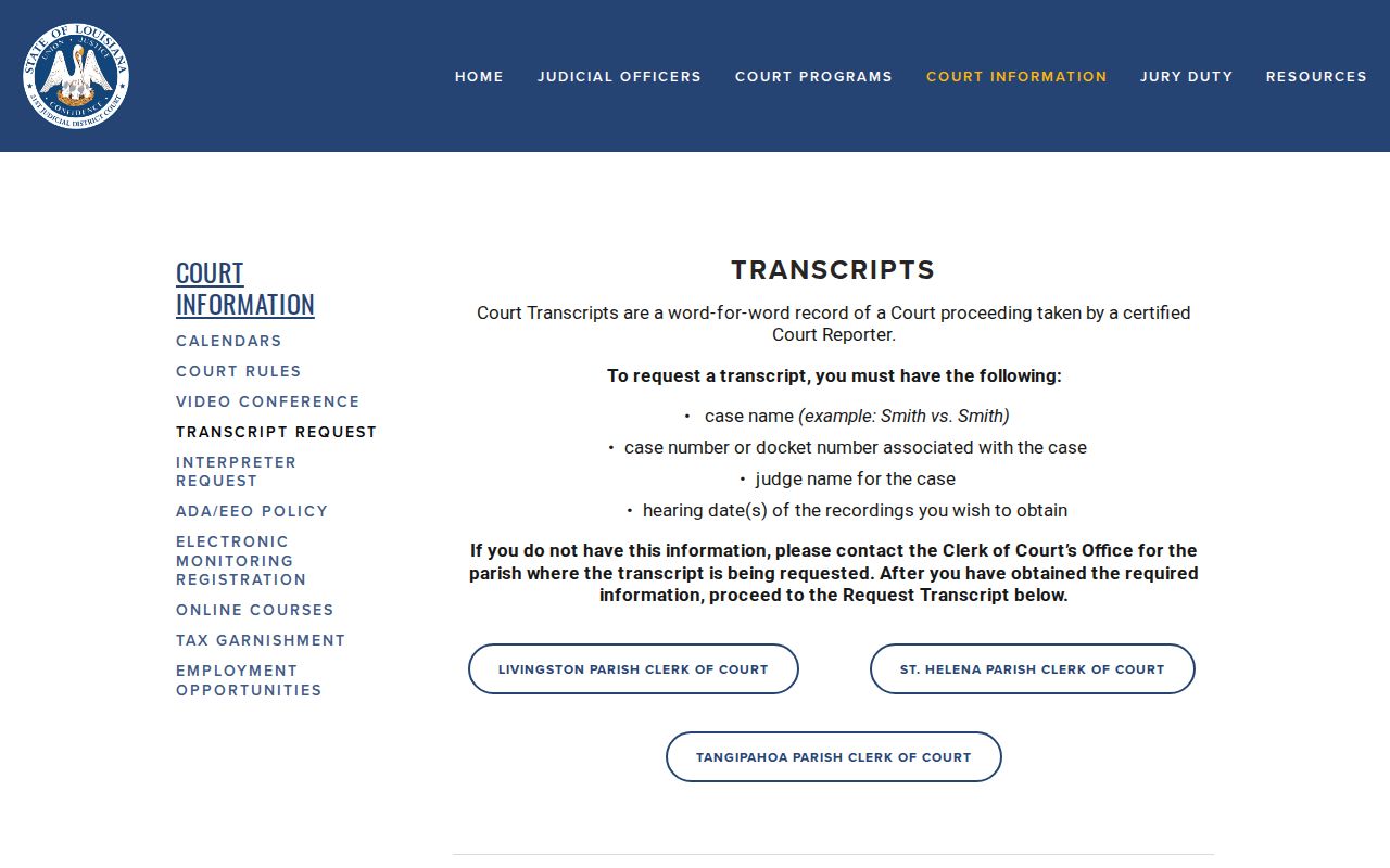 Tangipahoa Parish criminal court transcript request