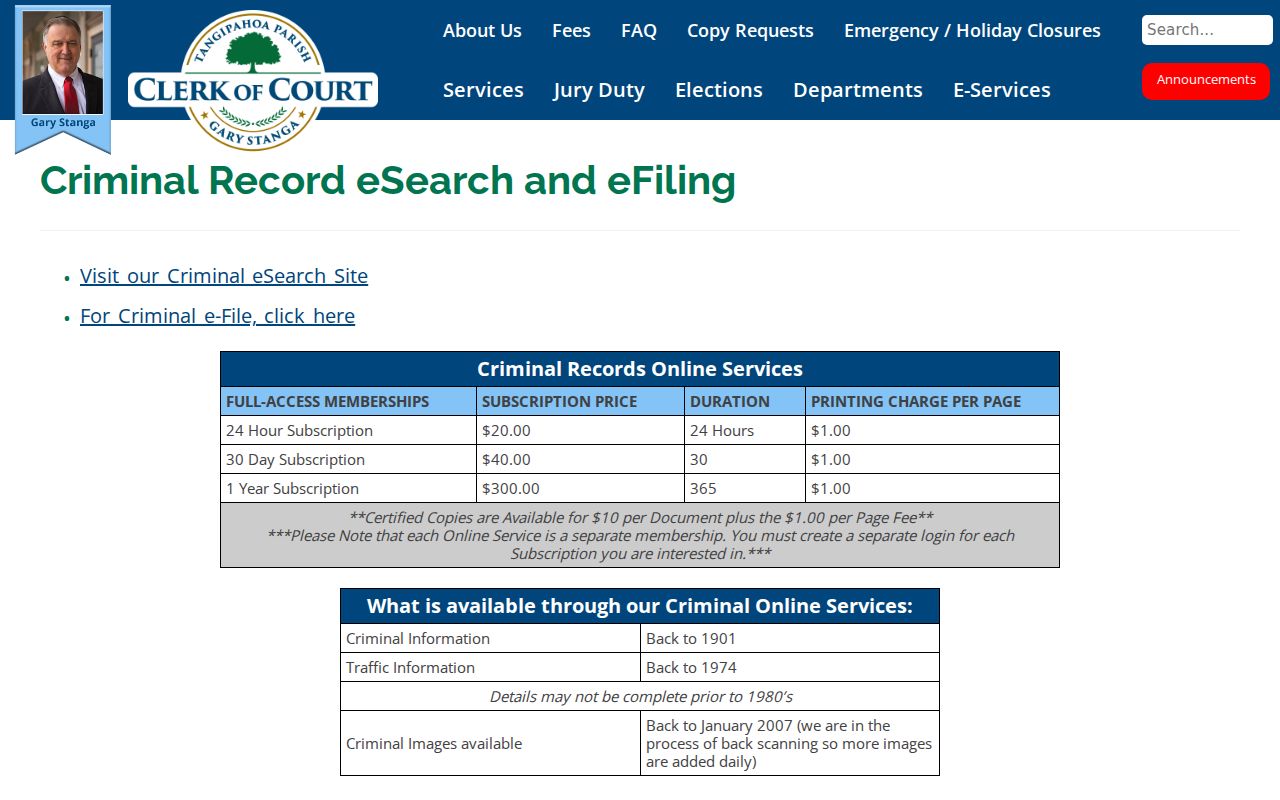 Tangipahoa Parish criminal court case eSearch images