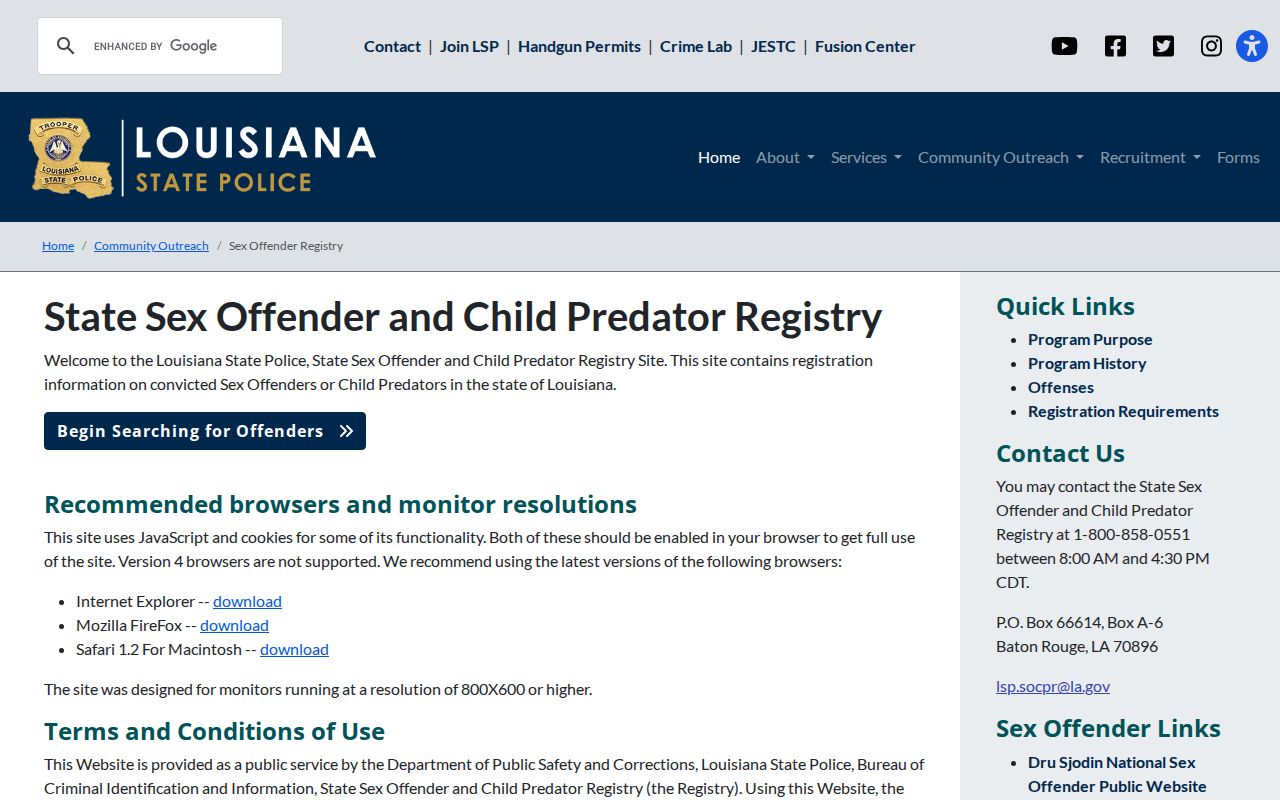 Tangipahoa Parish sex offender search through the Louisiana State Police registry gateway