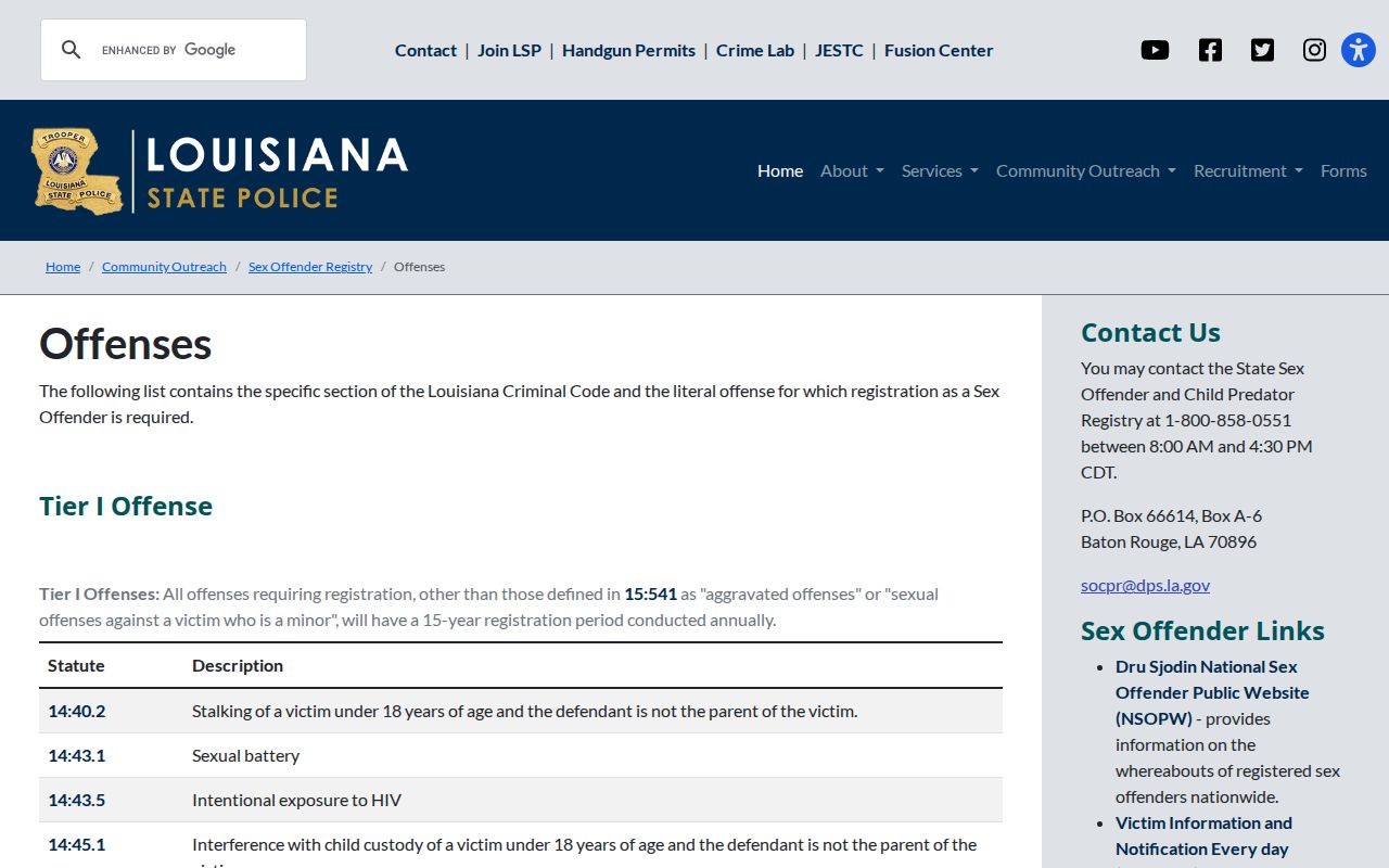 Tangipahoa Parish sex offender registry tiers and Louisiana offense guidance